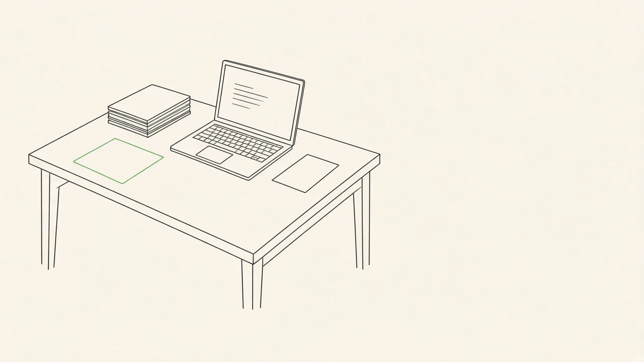 Fine-line drawing of a desk: an open laptop, a page set aside, and one document separated from a stack.